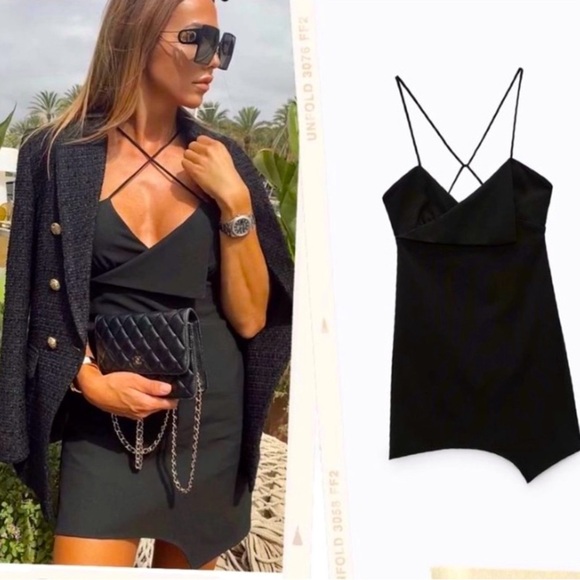 Zara black strappy asymmetrical mini dress size S blogger choice - Picture 3 of 16